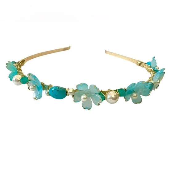 Fairy Headband with Lucite Flowers, Turquoise, Czech Glass and Glass Pearls - Picture 2 of 9